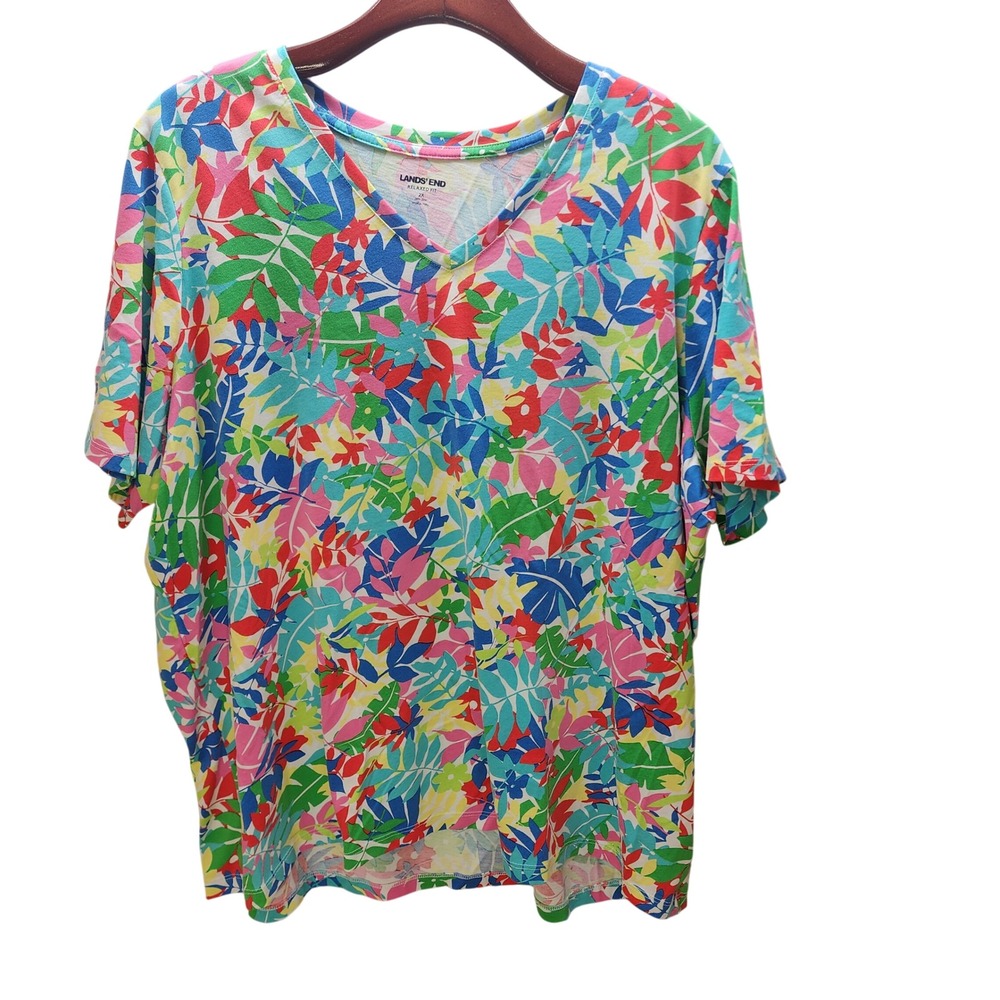 Lands End Relaxed Fit V-Neck Top 2X Tropical Floral Supima Cotton Multicolor Tee
